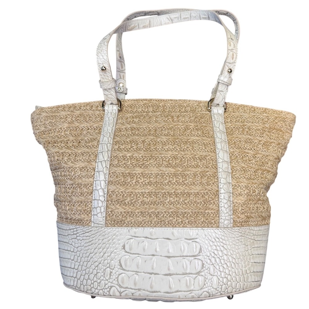 Brahmin Woven Straw Tote White Croc Embossed Leather Shoulder Bag - Picture 3 of 9